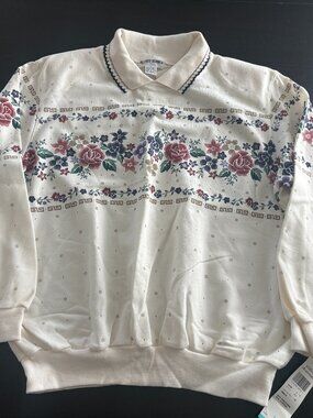 NEW Vintage Alfred Dunner Floral Collared Cream Sweatshirt Size Large